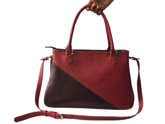 Red and Brown Color-Block Shoulder Bag